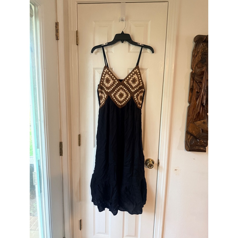 Ravi's Boho Crochet Granny Square Midi Dress Black Brown Summer Festival Large